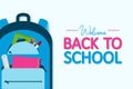 Back to school banner. Backpack with school supplies and education items. Card for 1 september. Vector